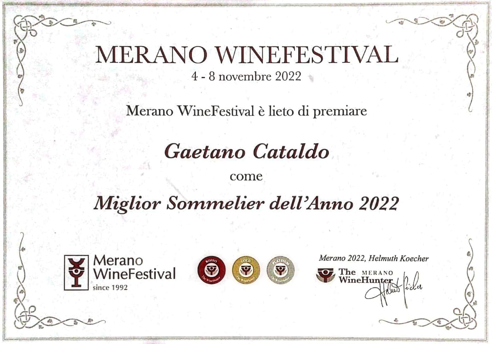 Miglior Sommelier anno 2022 Gaetano Cataldo premiato dal Merano WineFestival, foto da comunicato stampa