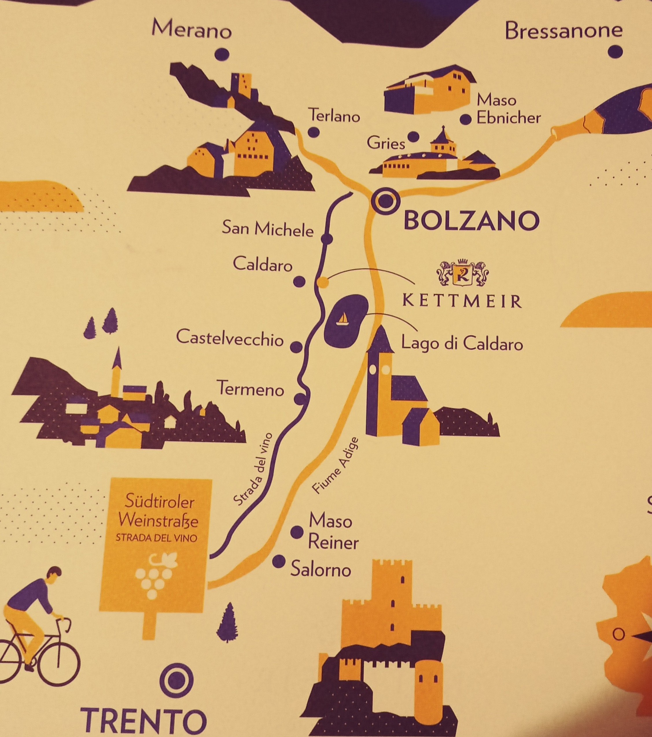 Cartina che evidenzia la posizione della Cantina, del Lago di Caldaro e dei Masi, Cristina Santini