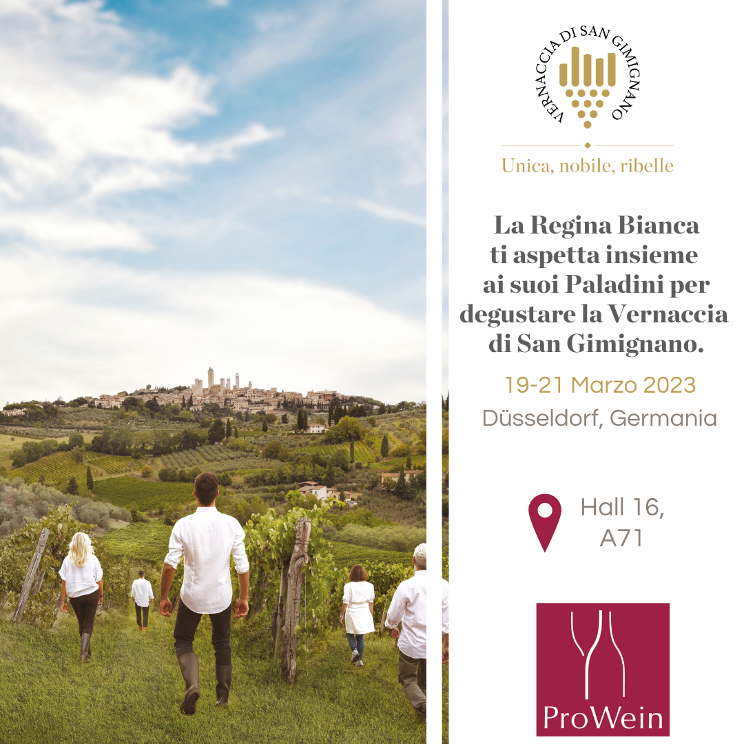 Locandina della partecipazione al Porwein da parte del Consorzio del Vino Vernaccia di San Gimignano, immagine da comunicato stampa, Master of Wine Markus Del Monego, foto da comunicato stampa, articolo: La Regina Bianca di Toscana ti aspetta al ProWein 2023!