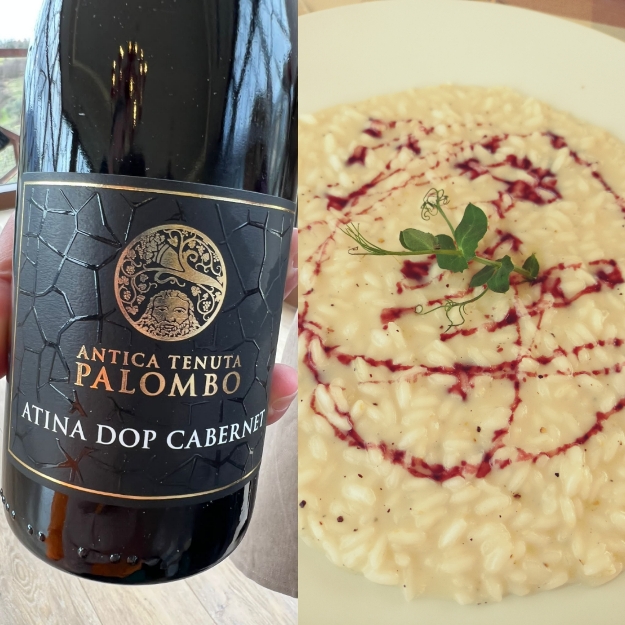 Cabernet 2018 e Cacio e pepe affumicato con riduzione al Cabernet, Antica Tenuta Palombo, foto dell'autrice