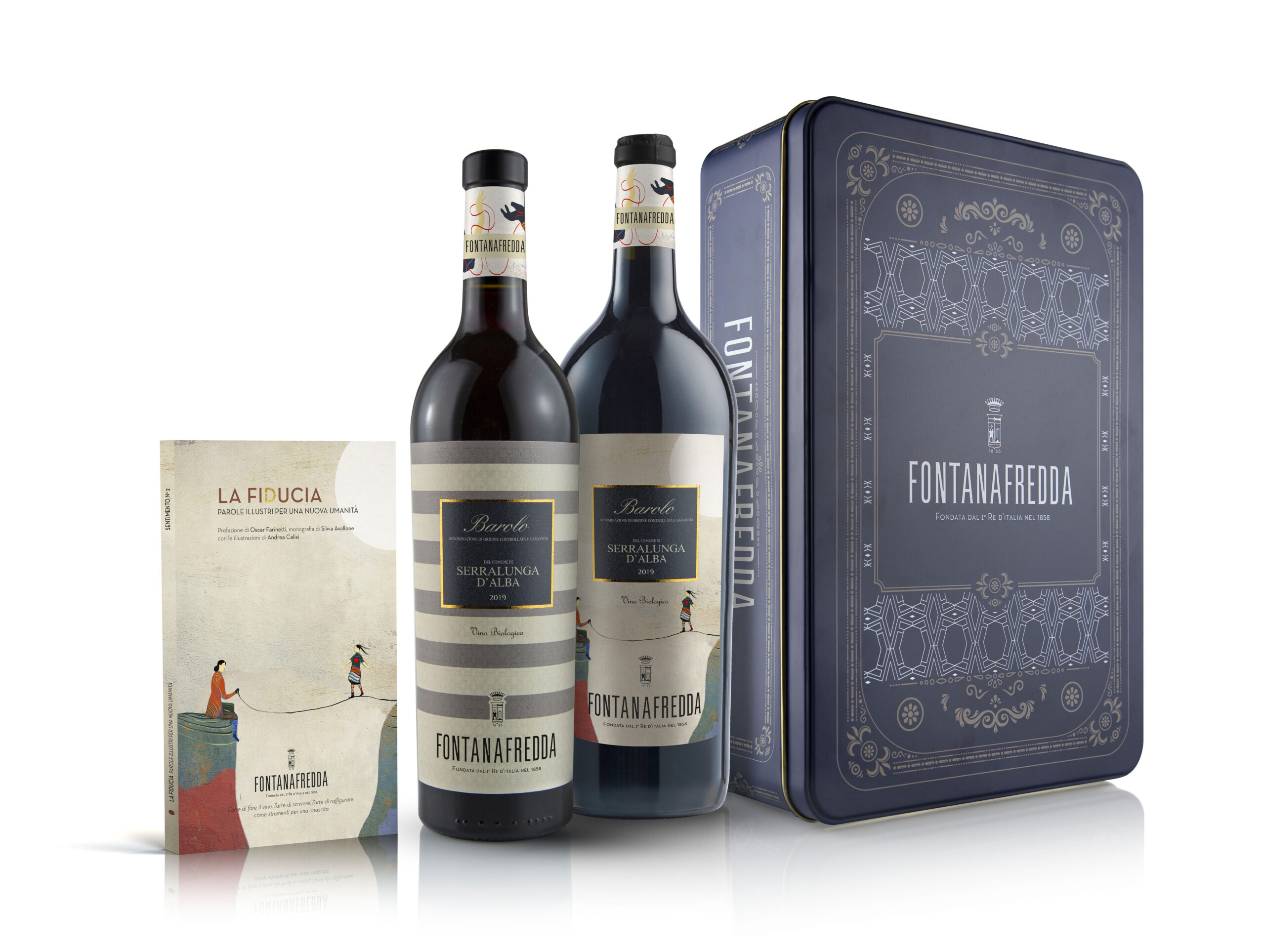 Set libro e latta Barolo Serralunga 2019 Renaissance da 750ml e 1500ml Bio, foto da comunicato stampa